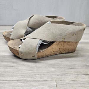 Lucky Brand Beige Cork Wedge Miller Sandals Womens Size 8 Stretchy Strap Neutral